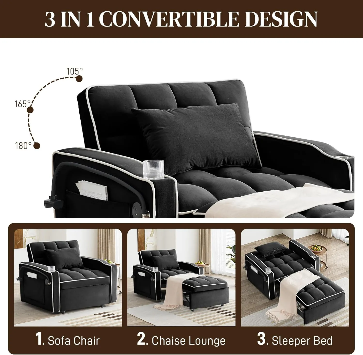 3 in 1 Single Sleeper Sofa Chair with Pullout Bed, Convertible Pull Out Couch with Adjustable Backrest, Modern Chaise Lounge with USB Port for Living Room, Small Spaces, Dark Black Velvet