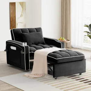 3 in 1 Single Sleeper Sofa Chair with Pullout Bed, Convertible Pull Out Couch with Adjustable Backrest, Modern Chaise Lounge with USB Port for Living Room, Small Spaces, Dark Black Velvet