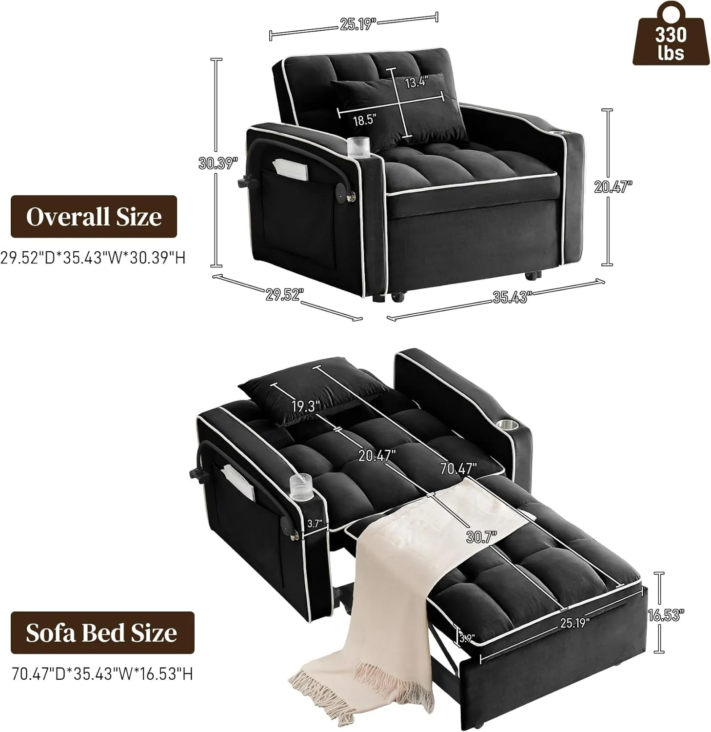3 in 1 Single Sleeper Sofa Chair with Pullout Bed, Convertible Pull Out Couch with Adjustable Backrest, Modern Chaise Lounge with USB Port for Living Room, Small Spaces, Dark Black Velvet