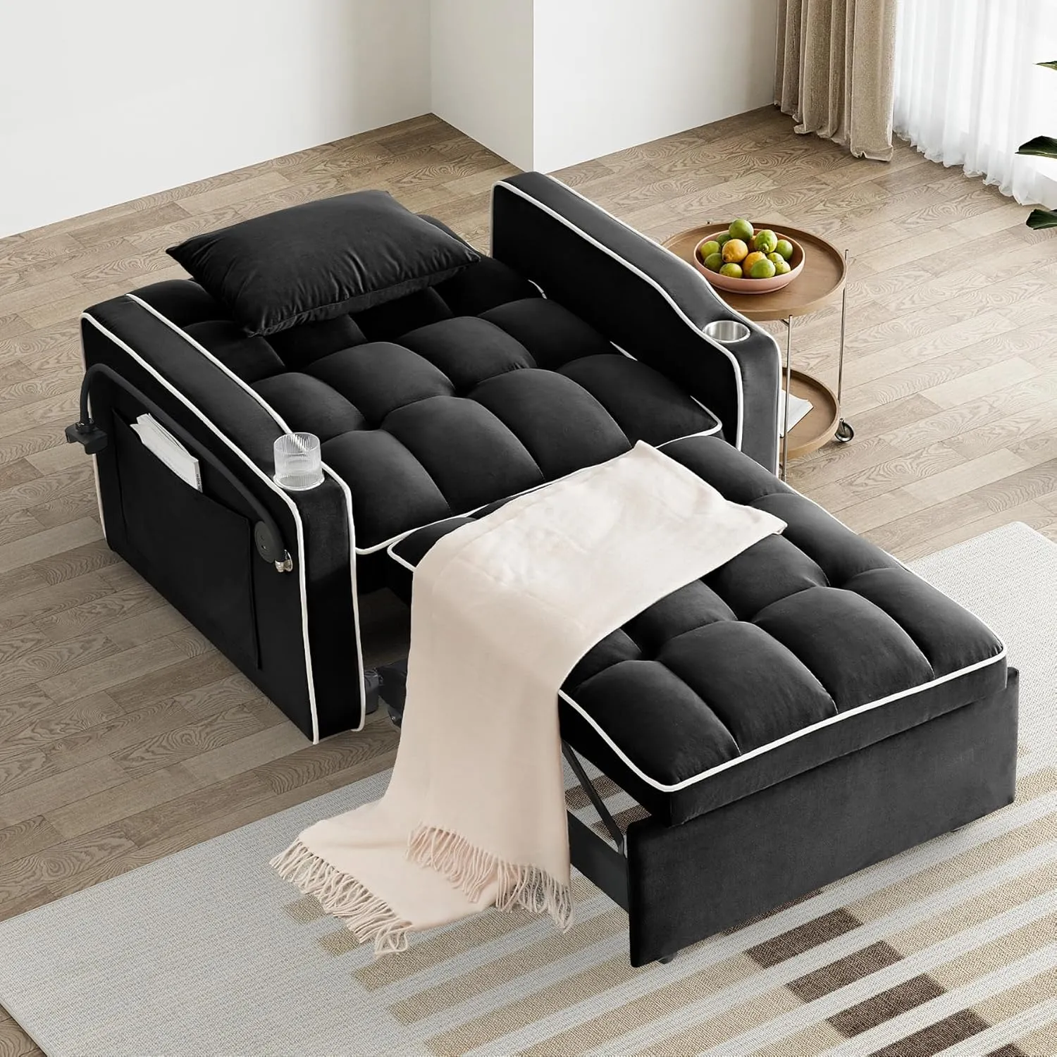 3 in 1 Single Sleeper Sofa Chair with Pullout Bed, Convertible Pull Out Couch with Adjustable Backrest, Modern Chaise Lounge with USB Port for Living Room, Small Spaces, Dark Black Velvet