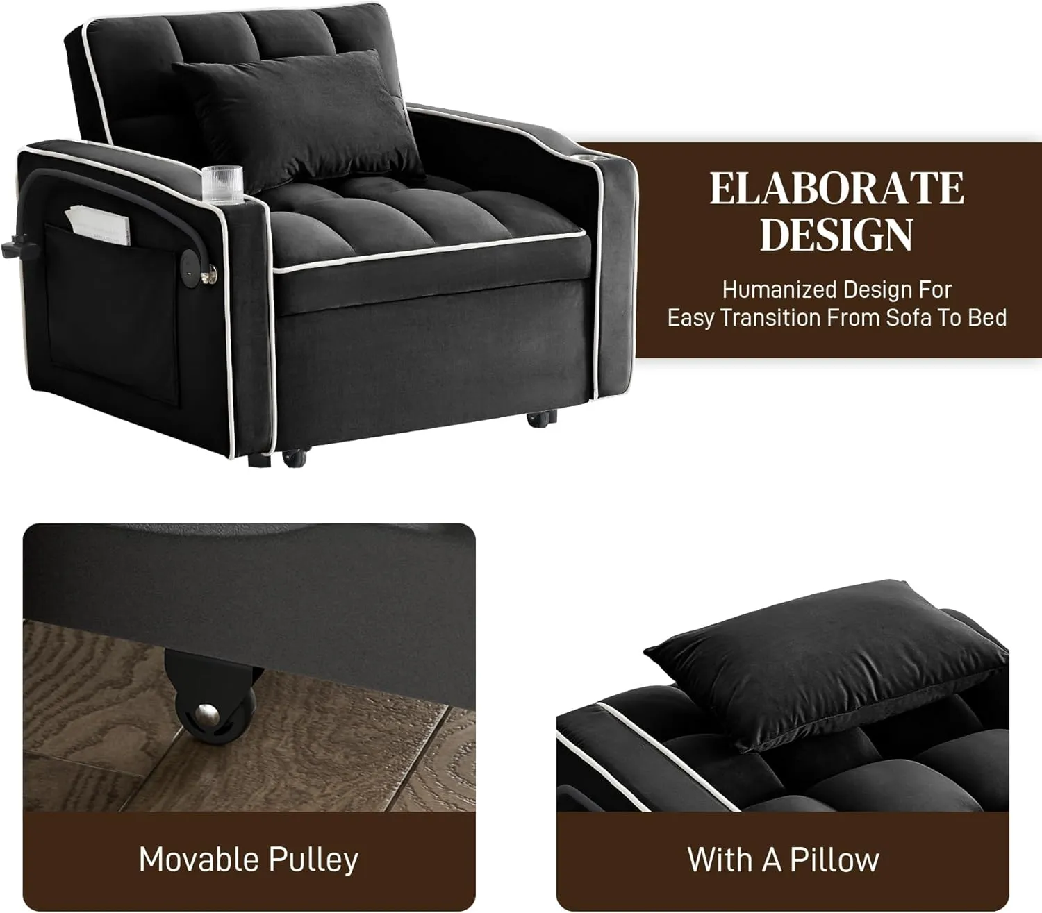 3 in 1 Single Sleeper Sofa Chair with Pullout Bed, Convertible Pull Out Couch with Adjustable Backrest, Modern Chaise Lounge with USB Port for Living Room, Small Spaces, Dark Black Velvet