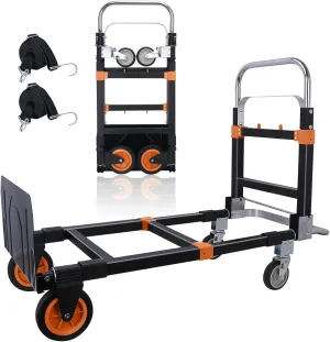3 in1 Heavy Duty Convertible Hand Truck Dolly Cart, Folding Trolley Cart with Wheels, 600lbs Capacity for Transport Moving in Warehouse, Supermarket, Equipment (Orange)