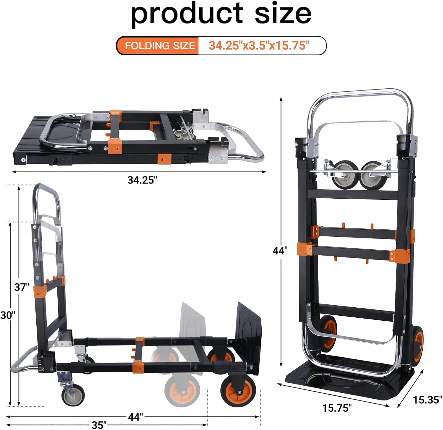 3 in1 Heavy Duty Convertible Hand Truck Dolly Cart, Folding Trolley Cart with Wheels, 600lbs Capacity for Transport Moving in Warehouse, Supermarket, Equipment (Orange)