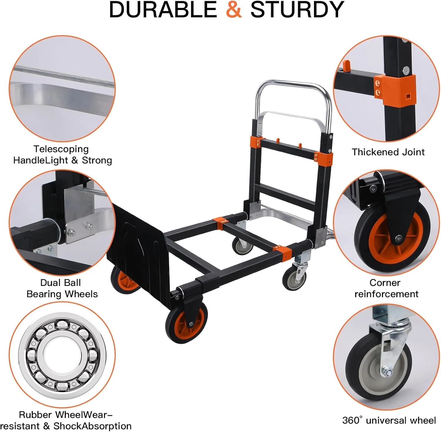3 in1 Heavy Duty Convertible Hand Truck Dolly Cart, Folding Trolley Cart with Wheels, 600lbs Capacity for Transport Moving in Warehouse, Supermarket, Equipment (Orange)