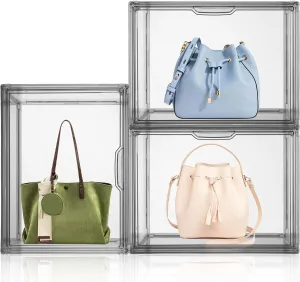 3 Pack Purse Storage Organizer for Closet, Acrylic Display Case for Handbag Organizer, Large Plastic Storage Boxes with Magnetic Door for Book, Collectibles, Toys - Clear Grey, Dustproof
