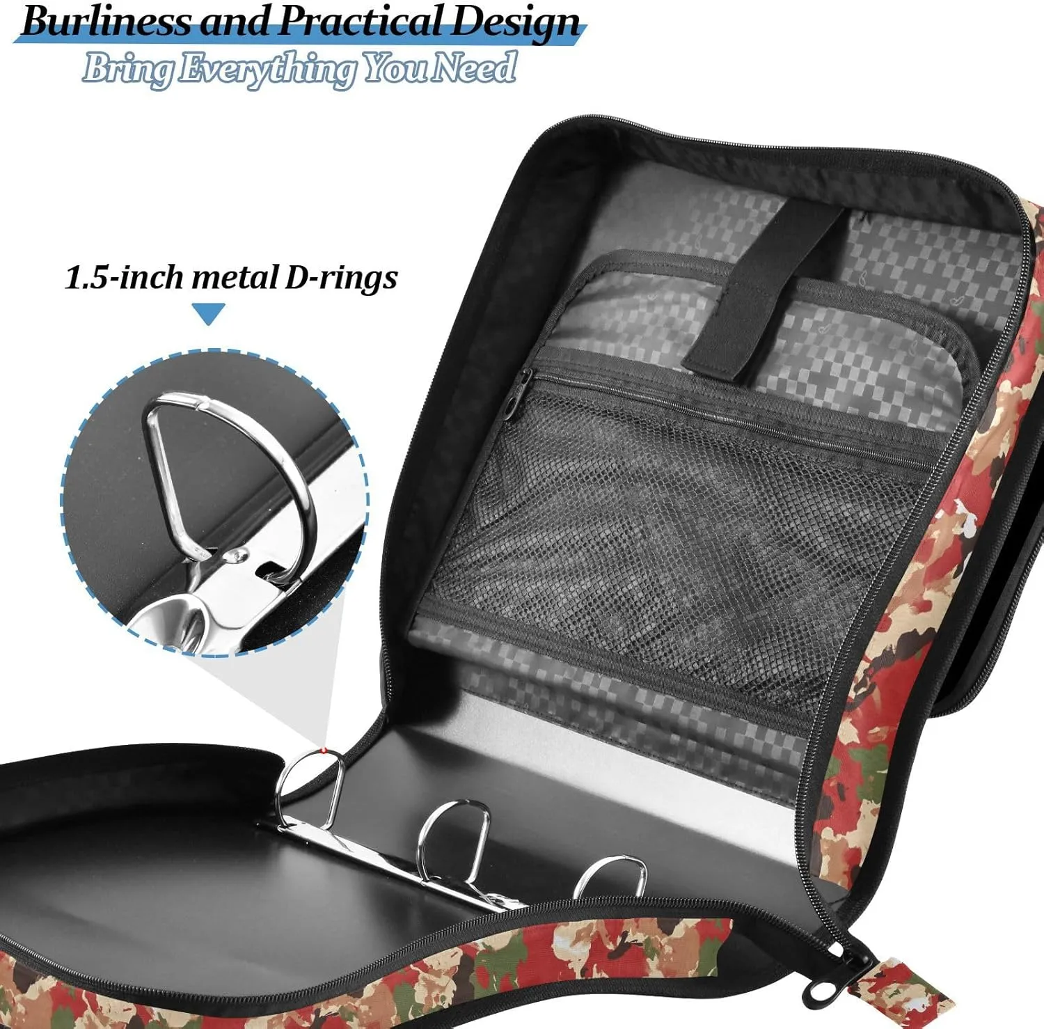 3 Rings 1.5 inch Zippered Binder Bag with Shoulder Strap Waterproof Documents Files Storage Bag for School and Office Army Camouflage Gold Camouflage