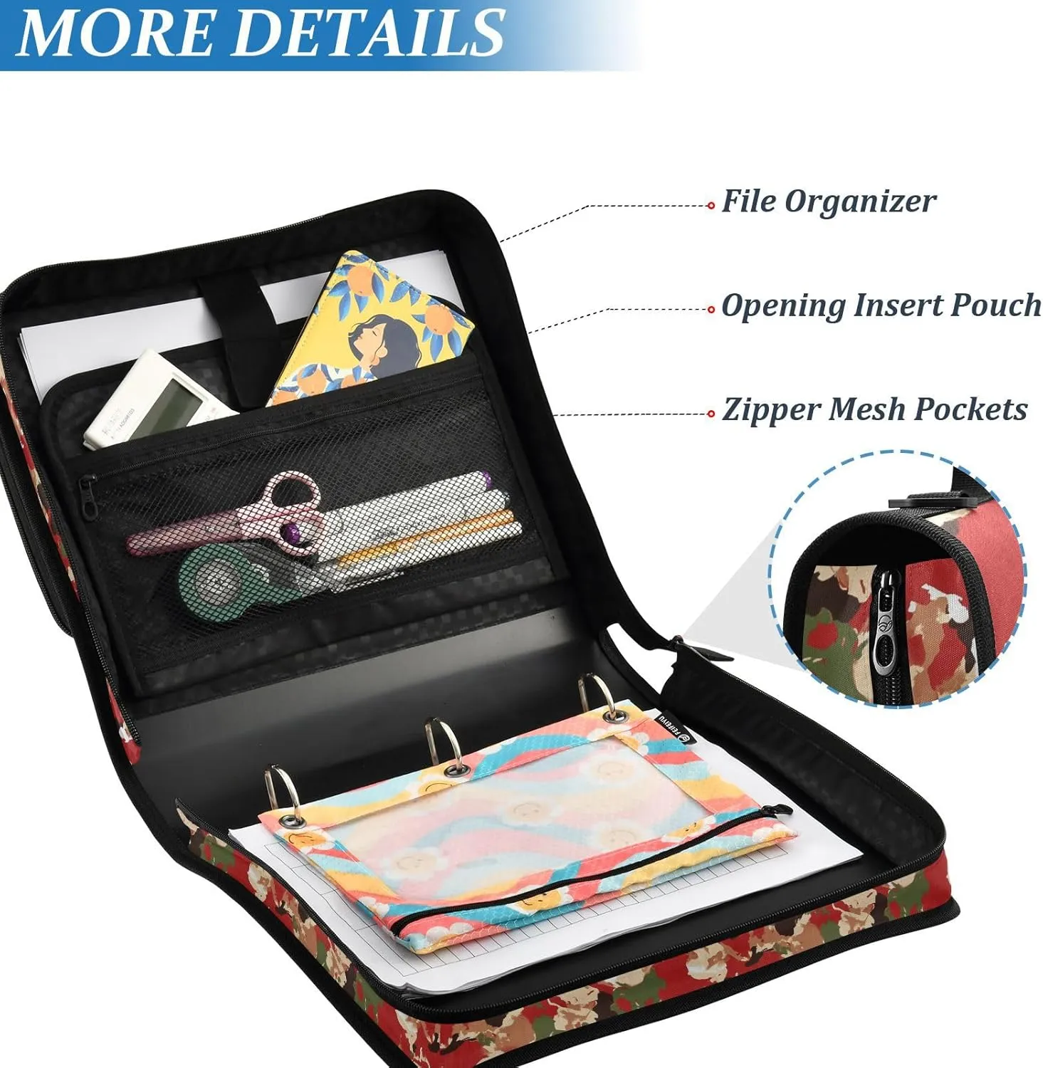 3 Rings 1.5 inch Zippered Binder Bag with Shoulder Strap Waterproof Documents Files Storage Bag for School and Office Army Camouflage Gold Camouflage