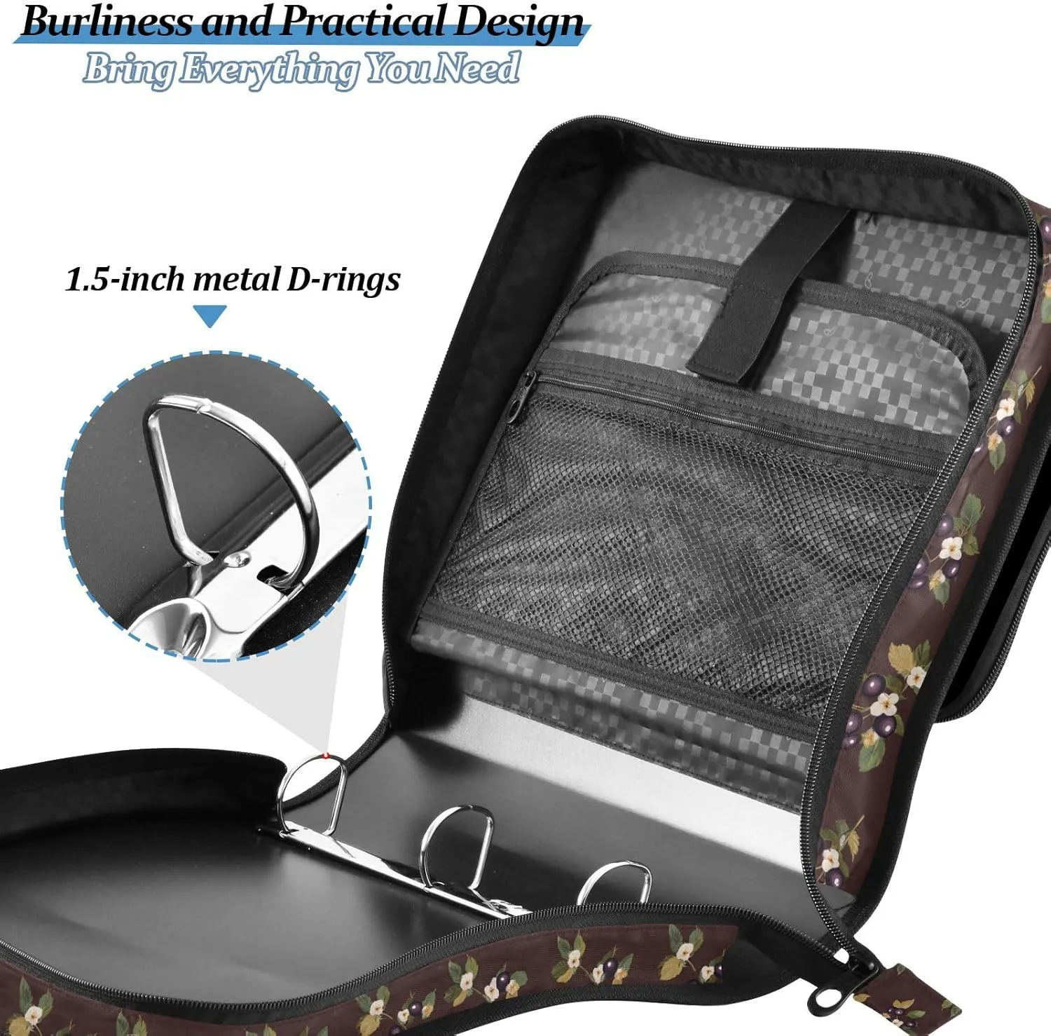 3 Rings Zip Up Binder with Shoulder Strap Easy to Carry Portable Home Travel Safe Storage Bag Suitable for Middle School Fresh Saskatoon Berry Fruit
