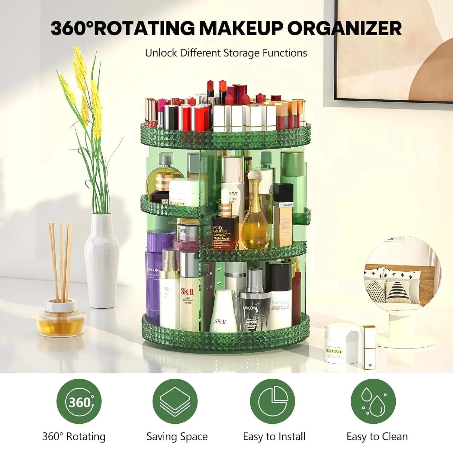360 Degree Rotating Makeup Organizer for Vanity, Large Capacity Beauty Organizer, Adjustable DIY 7 Layers Perfume Organizer, Skincare Organizers Fits Cosmetics and Accessories(Emerald Green)