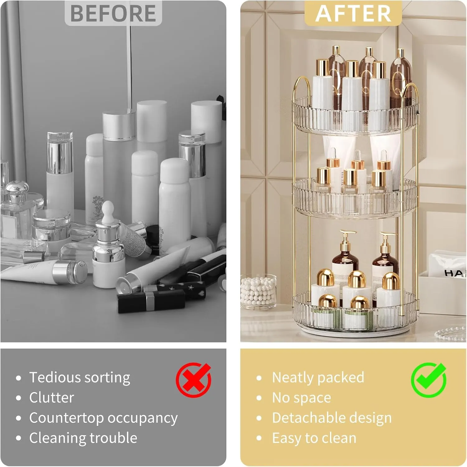 360° Rotating Makeup Organizer for Vanity - 3 Tier Perfume Organizer with Large Capacity - Skincare Organizer for Bathroom Counter - Space-Saving Cosmetic Storage for Dresser Countertop (Clear)
