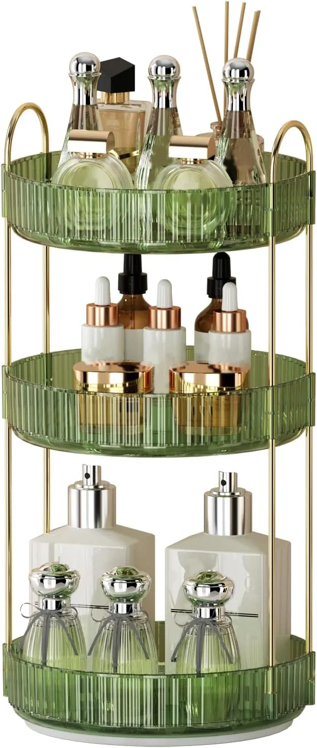 360° Rotating Makeup Organizer for Vanity - 3 Tier Perfume Organizer with Large Capacity - Skincare Organizer for Bathroom Counter - Space-Saving Cosmetic Storage for Dresser Countertop (Green)