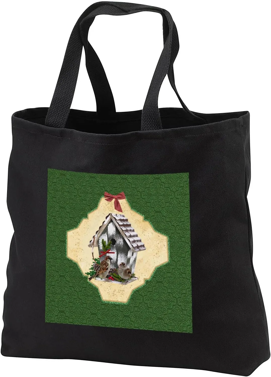 3dRose Sparrow Birds, Christmas Decorated Birdhouse, Green Design - Tote Bags (tb_327190)