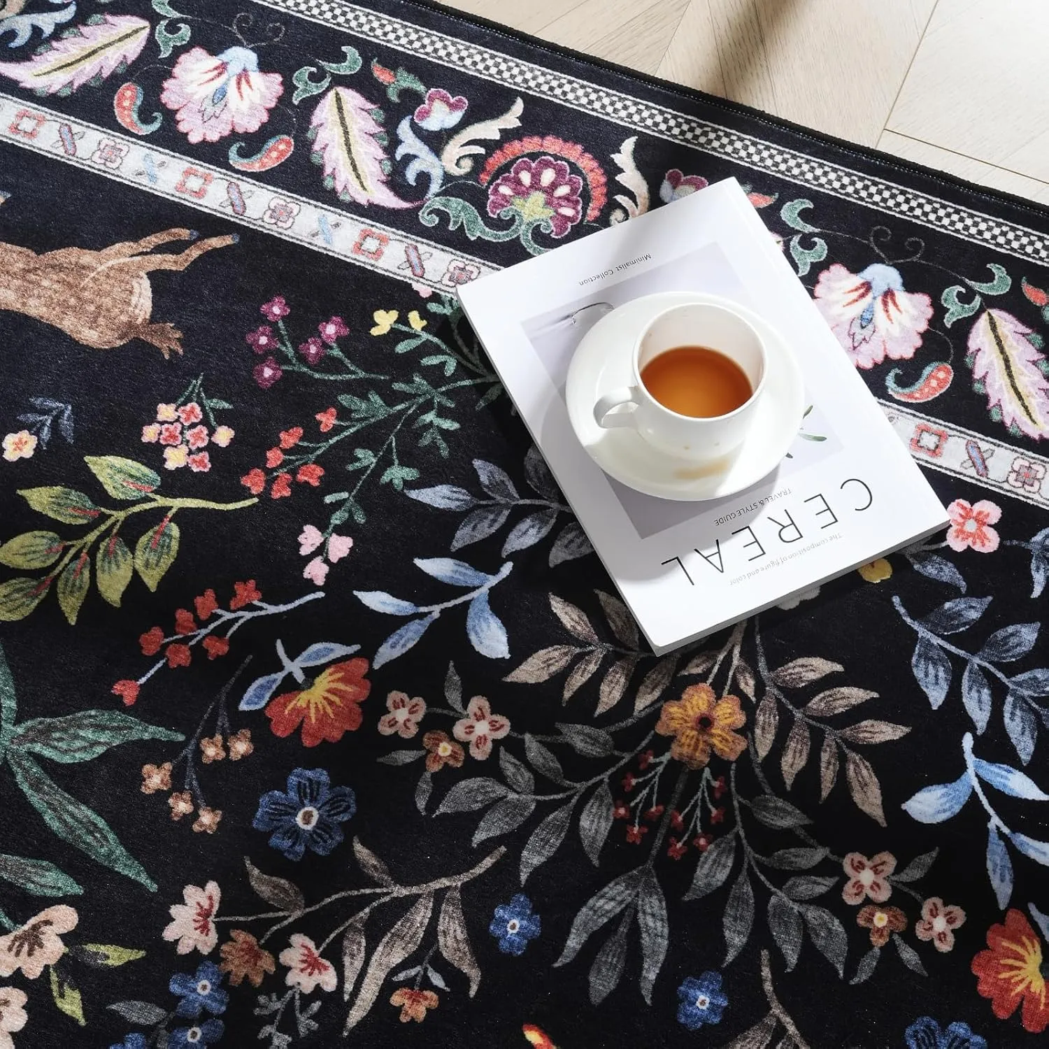 3x5 Rug Washable Area Rug Floral Office Rug Non Slip Small Carpet for Bedroom, Bedside, Kitchen, Entryway, Kids Room, Office (Vibrant Black)