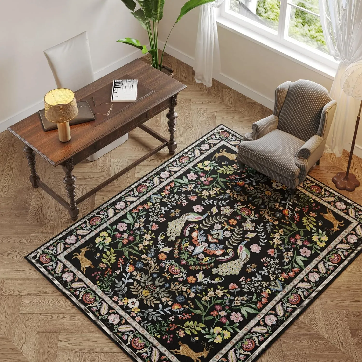 3x5 Rug Washable Area Rug Floral Office Rug Non Slip Small Carpet for Bedroom, Bedside, Kitchen, Entryway, Kids Room, Office (Vibrant Black)