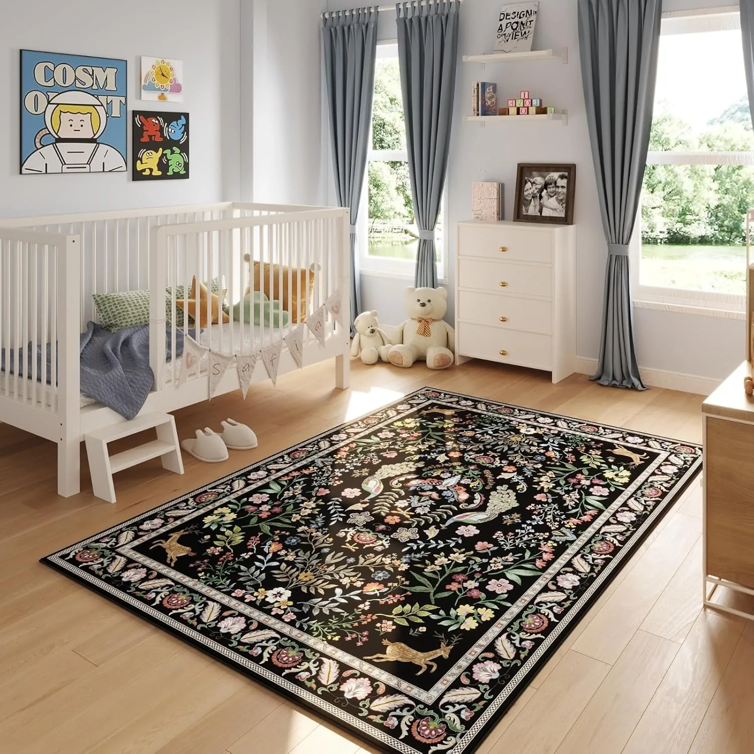 3x5 Rug Washable Area Rug Floral Office Rug Non Slip Small Carpet for Bedroom, Bedside, Kitchen, Entryway, Kids Room, Office (Vibrant Black)