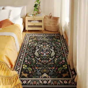 3x5 Rug Washable Area Rug Floral Office Rug Non Slip Small Carpet for Bedroom, Bedside, Kitchen, Entryway, Kids Room, Office (Vibrant Black)