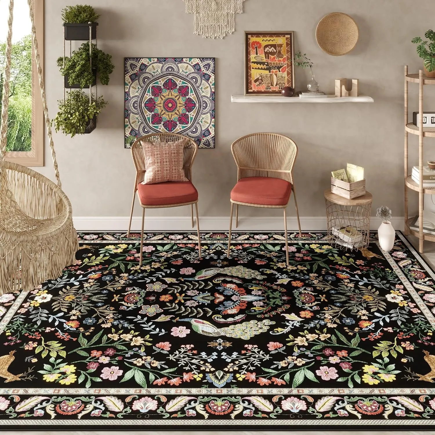 3x5 Rug Washable Area Rug Floral Office Rug Non Slip Small Carpet for Bedroom, Bedside, Kitchen, Entryway, Kids Room, Office (Vibrant Black)