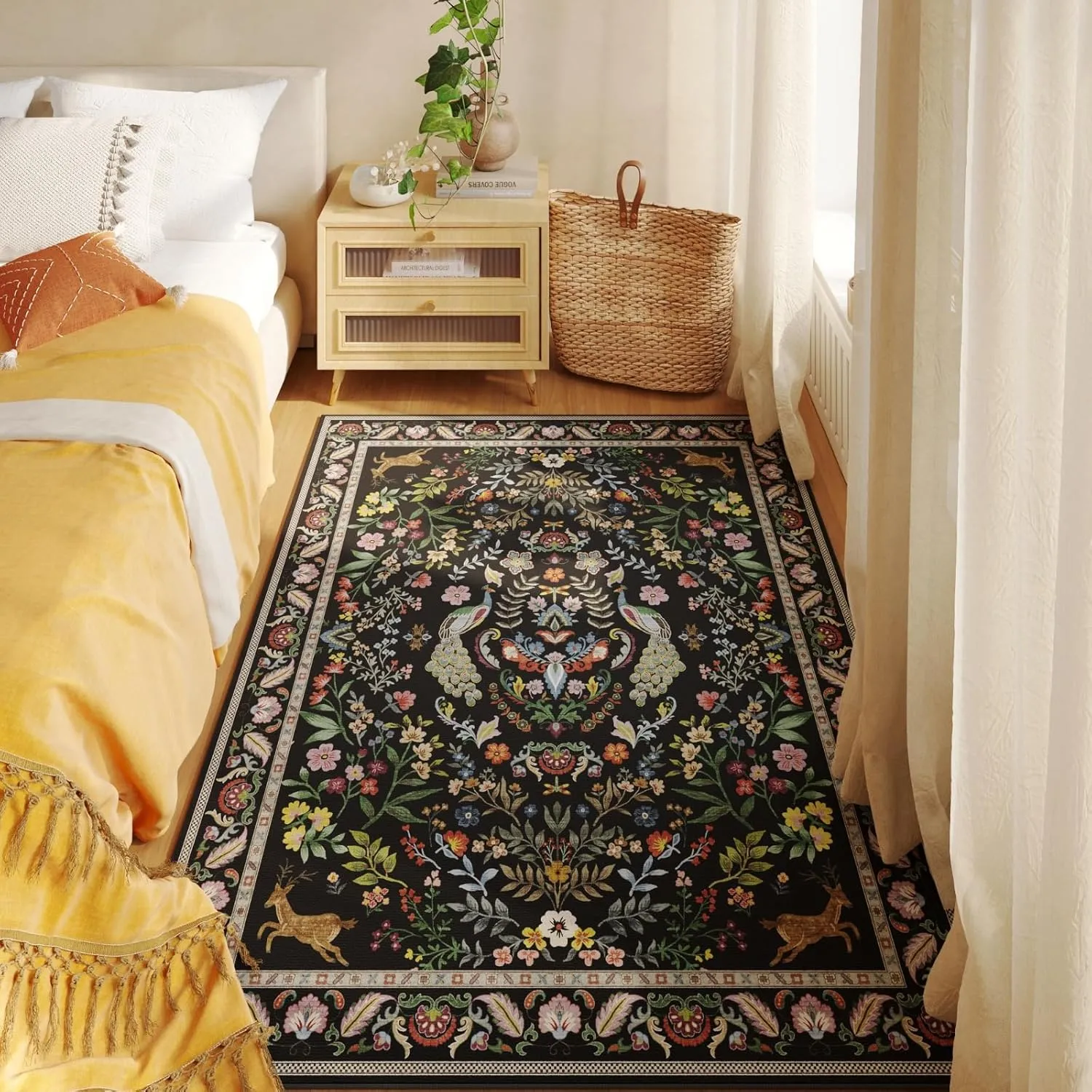 3x5 Rug Washable Area Rug Floral Office Rug Non Slip Small Carpet for Bedroom, Bedside, Kitchen, Entryway, Kids Room, Office (Vibrant Black)