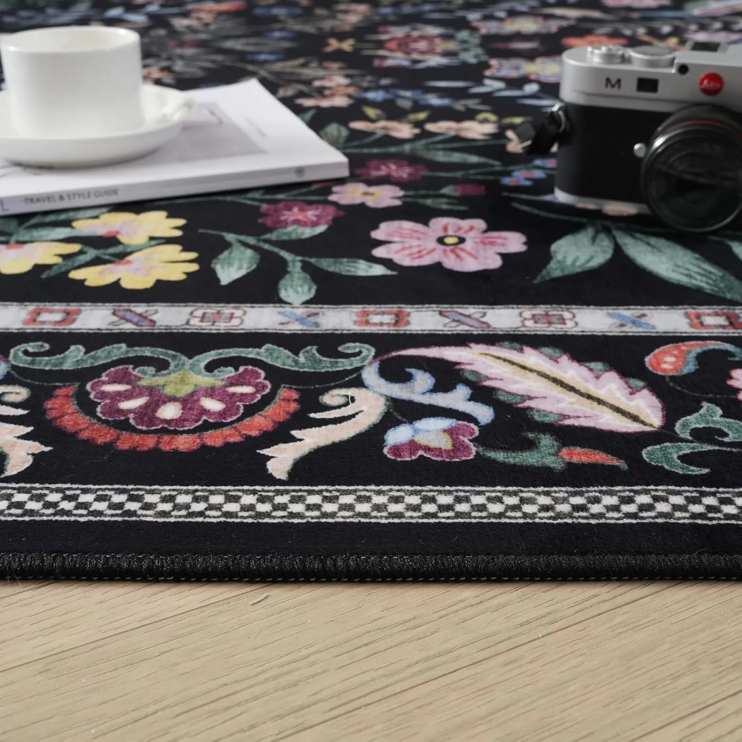 3x5 Rug Washable Area Rug Floral Office Rug Non Slip Small Carpet for Bedroom, Bedside, Kitchen, Entryway, Kids Room, Office (Vibrant Black)