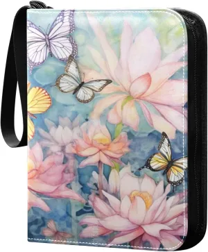 4 Pocket Card Binder with 50 Removable Sleeves Butterfly Lotus Painting Trading Card Binder Collector Card Album for 400 Game Sports Cards