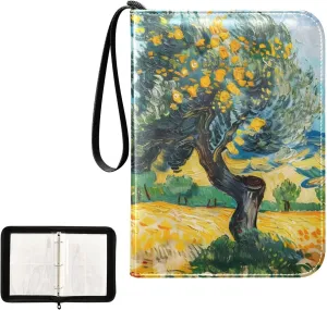 4 Pockets Trading Card Album Holder Book Folder Sports Card Binder Autumn Field Painting 400 Double Side Pockets for 3 Ring Binder Zipper