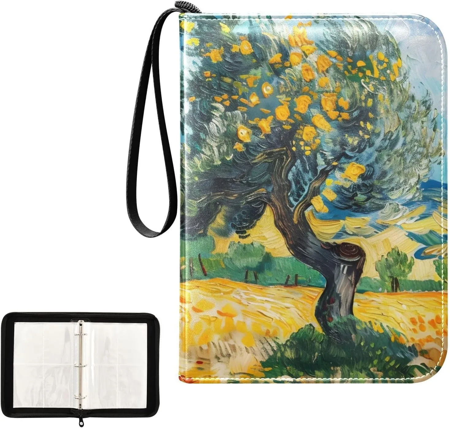 4 Pockets Trading Card Album Holder Book Folder Sports Card Binder Autumn Field Painting 400 Double Side Pockets for 3 Ring Binder Zipper