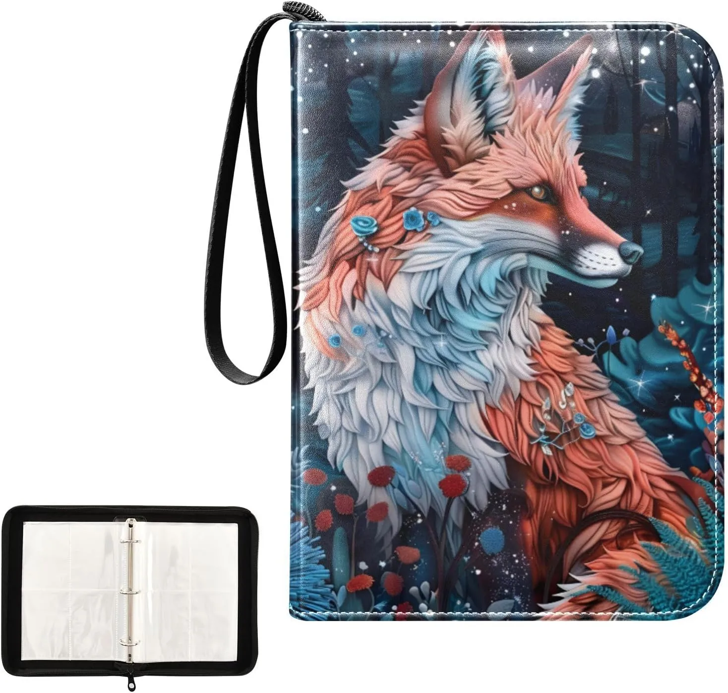 4 Pockets Trading Card Album Holder Book Folder Sports Card Binder Beautiful Fox 400 Double Side Pockets for 3 Ring Binder Zipper
