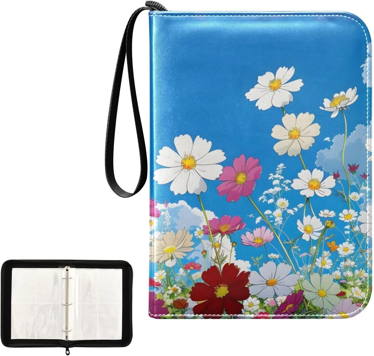 4 Pockets Trading Card Album Holder Book Folder Sports Card Binder Blue Sky White Clouds 400 Double Side Pockets for 3 Ring Binder Zipper