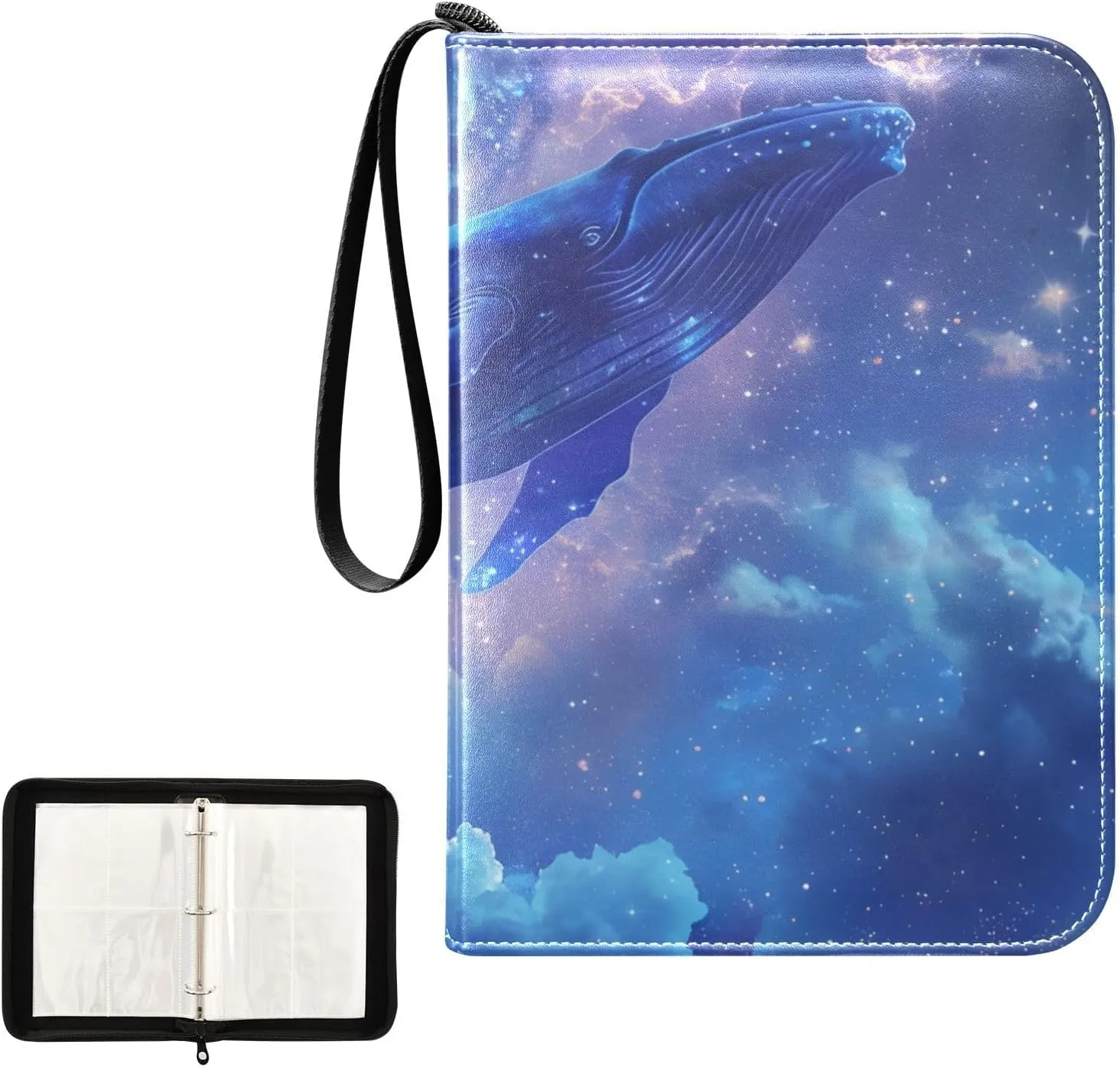 4 Pockets Trading Card Album Holder Book Folder Sports Card Binder Blue Whale in The Night Sky 400 Double Side Pockets for 3 Ring Binder Zipper