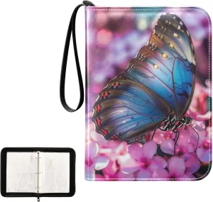4 Pockets Trading Card Album Holder Book Folder Sports Card Binder Butterfly Pink Flower 400 Double Side Pockets for 3 Ring Binder Zipper