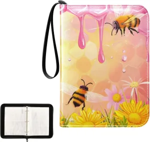 4 Pockets Trading Card Album Holder Book Folder Sports Card Binder Cartoon Bees Flowers 400 Double Side Pockets for 3 Ring Binder Zipper