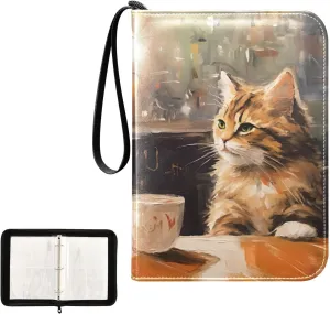 4 Pockets Trading Card Album Holder Book Folder Sports Card Binder Cat Coffee 400 Double Side Pockets for 3 Ring Binder Zipper