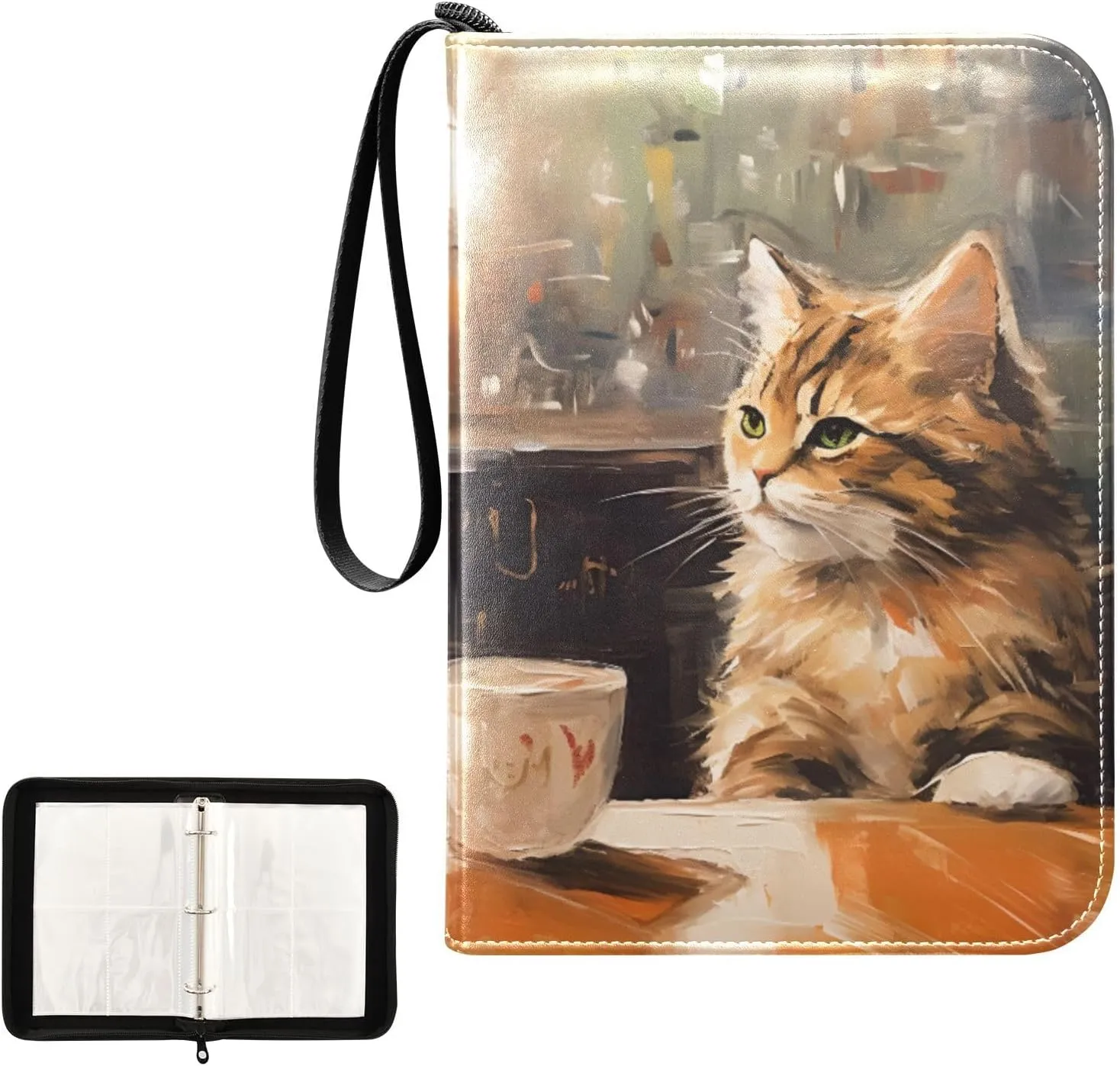 4 Pockets Trading Card Album Holder Book Folder Sports Card Binder Cat Coffee 400 Double Side Pockets for 3 Ring Binder Zipper