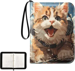 4 Pockets Trading Card Album Holder Book Folder Sports Card Binder Cat Earphone 400 Double Side Pockets for 3 Ring Binder Zipper