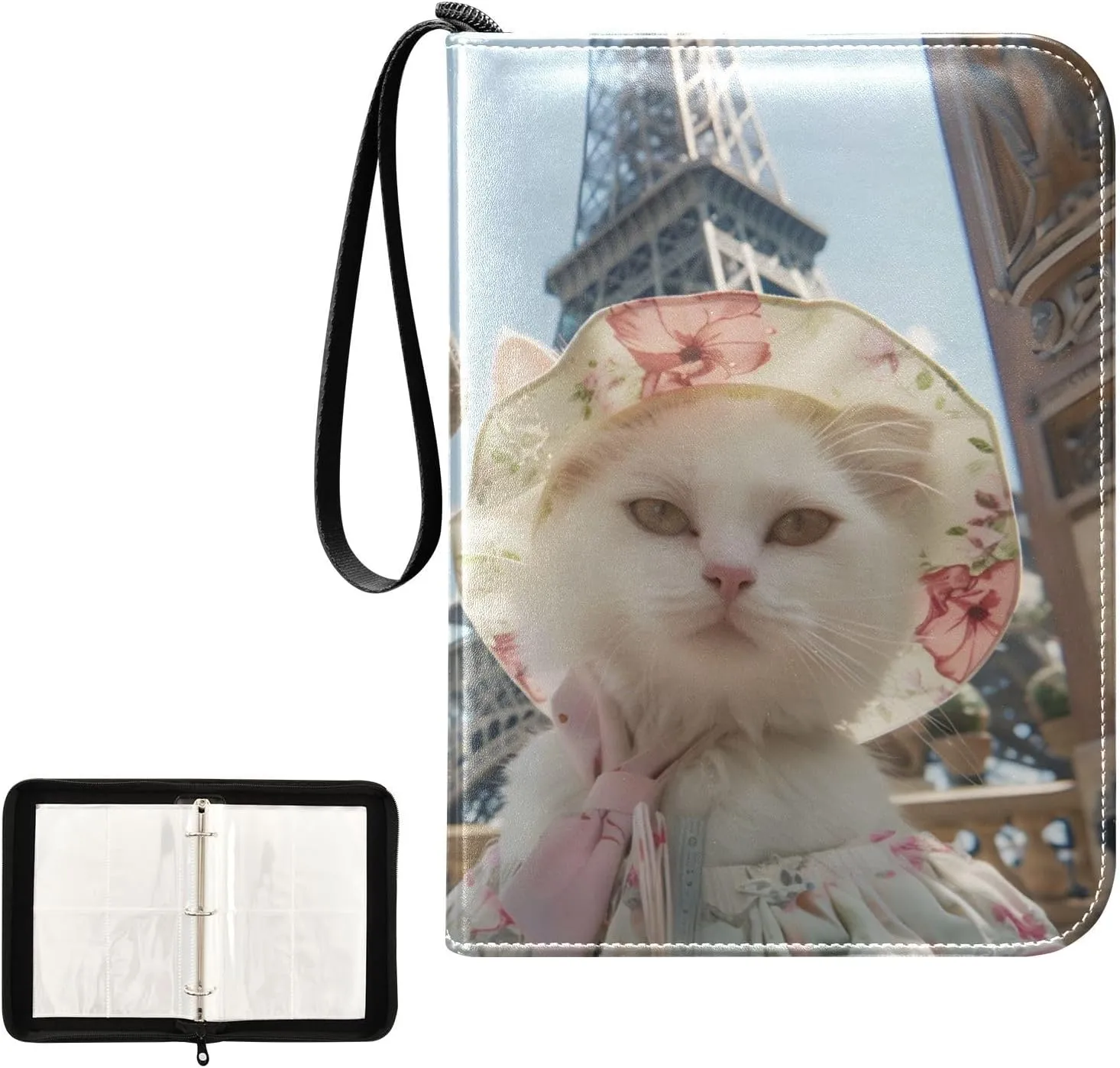 4 Pockets Trading Card Album Holder Book Folder Sports Card Binder Cat Eiffel Tower 400 Double Side Pockets for 3 Ring Binder Zipper