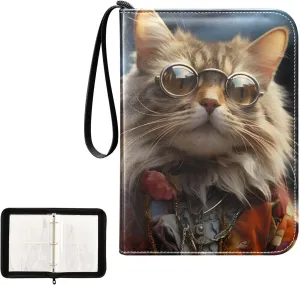 4 Pockets Trading Card Album Holder Book Folder Sports Card Binder Cat Glasses 400 Double Side Pockets for 3 Ring Binder Zipper