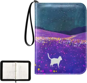 4 Pockets Trading Card Album Holder Book Folder Sports Card Binder Cat Purple Field 400 Double Side Pockets for 3 Ring Binder Zipper