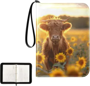 4 Pockets Trading Card Album Holder Book Folder Sports Card Binder Cows Sunflowers Sunset 400 Double Side Pockets for 3 Ring Binder Zipper