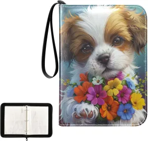 4 Pockets Trading Card Album Holder Book Folder Sports Card Binder Cute Puppy Flowers 400 Double Side Pockets for 3 Ring Binder Zipper