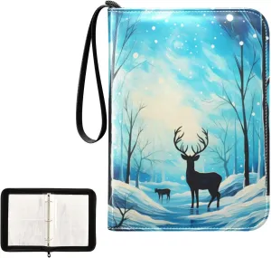 4 Pockets Trading Card Album Holder Book Folder Sports Card Binder Deer Blue Forest 400 Double Side Pockets for 3 Ring Binder Zipper