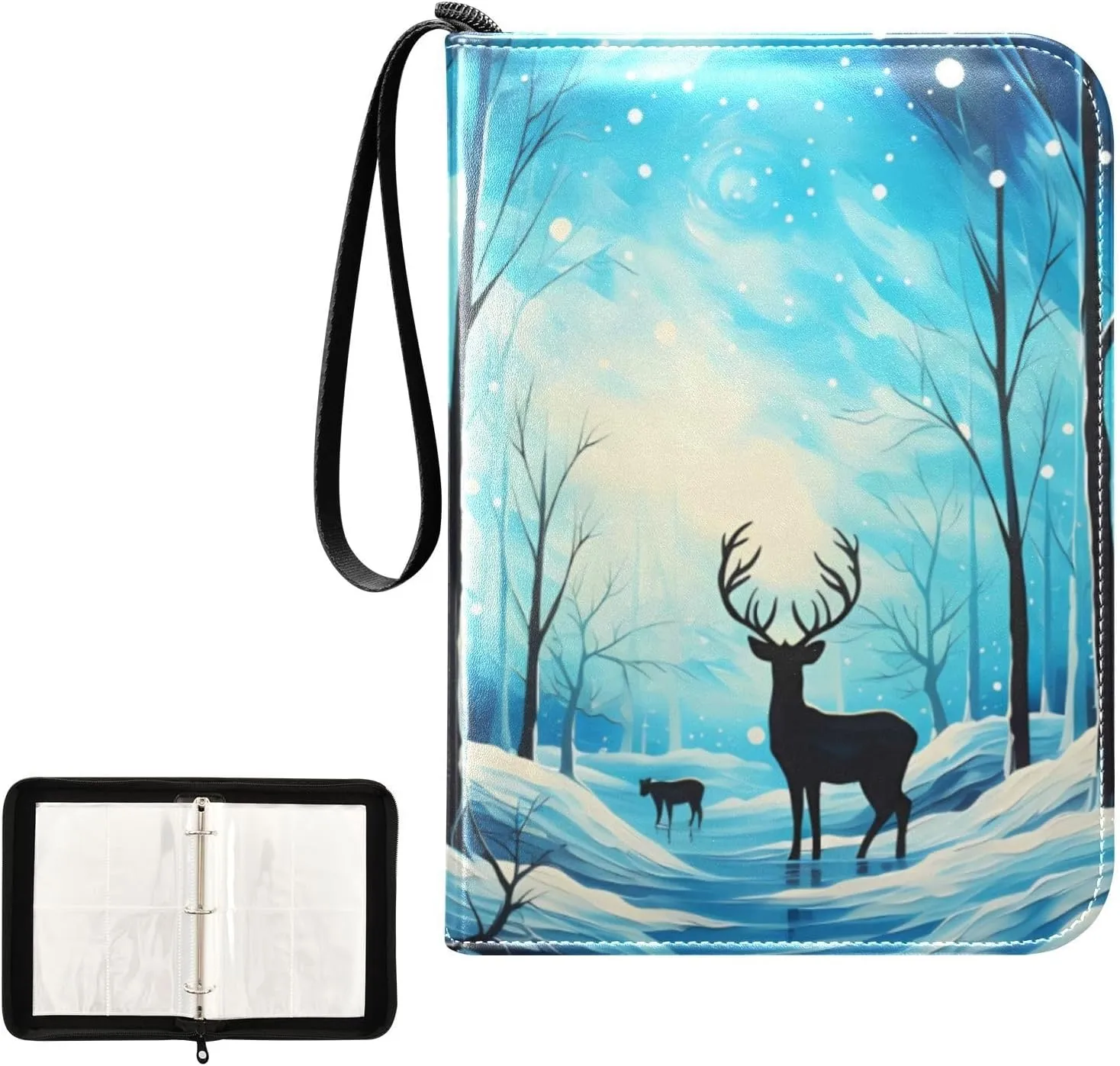 4 Pockets Trading Card Album Holder Book Folder Sports Card Binder Deer Blue Forest 400 Double Side Pockets for 3 Ring Binder Zipper