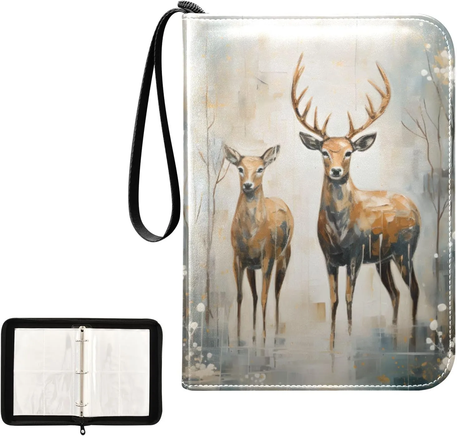 4 Pockets Trading Card Album Holder Book Folder Sports Card Binder Deer Painting 1 400 Double Side Pockets for 3 Ring Binder Zipper