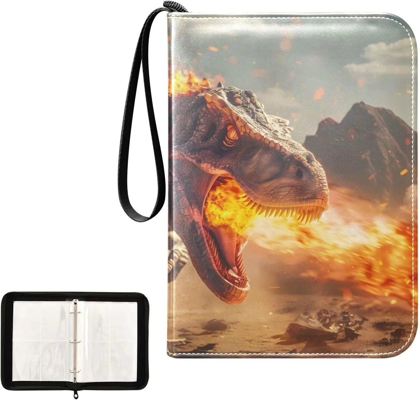 4 Pockets Trading Card Album Holder Book Folder Sports Card Binder Dinosaur Flame 400 Double Side Pockets for 3 Ring Binder Zipper