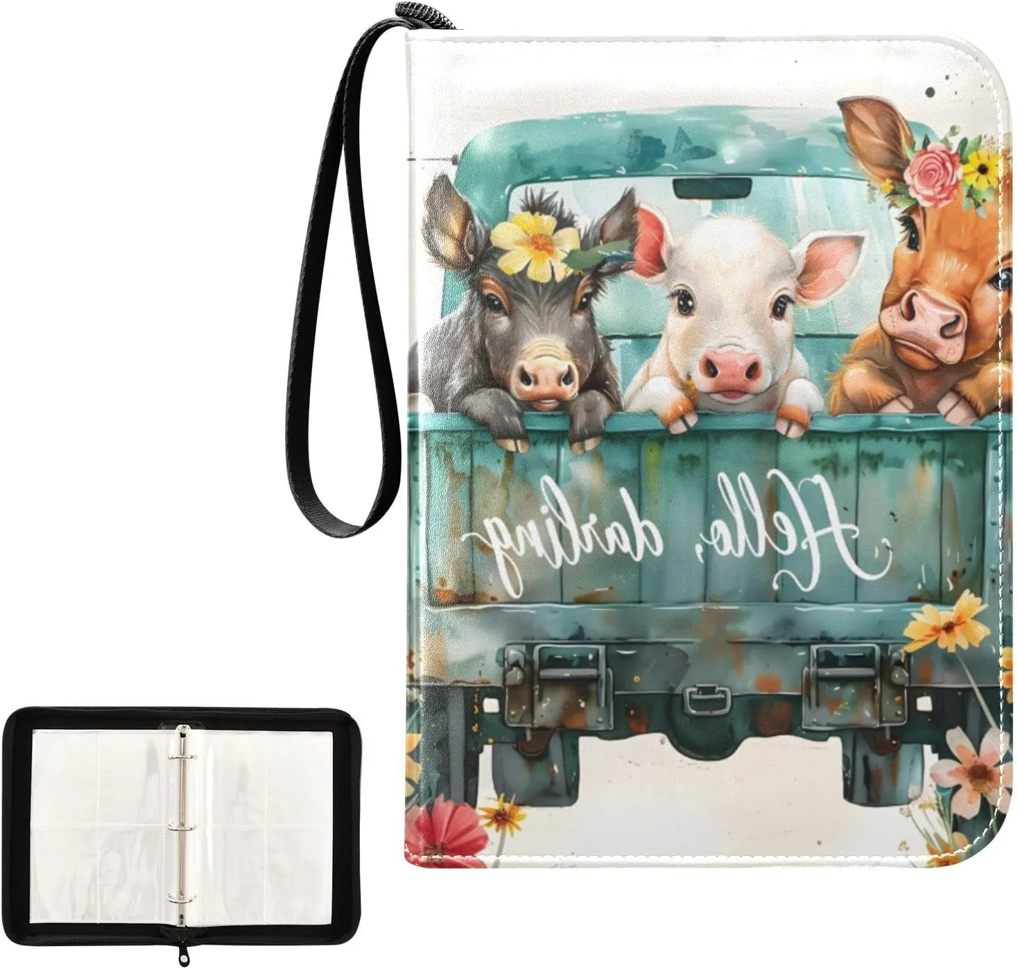 4 Pockets Trading Card Album Holder Book Folder Sports Card Binder Donkey Cow Pig 400 Double Side Pockets for 3 Ring Binder Zipper