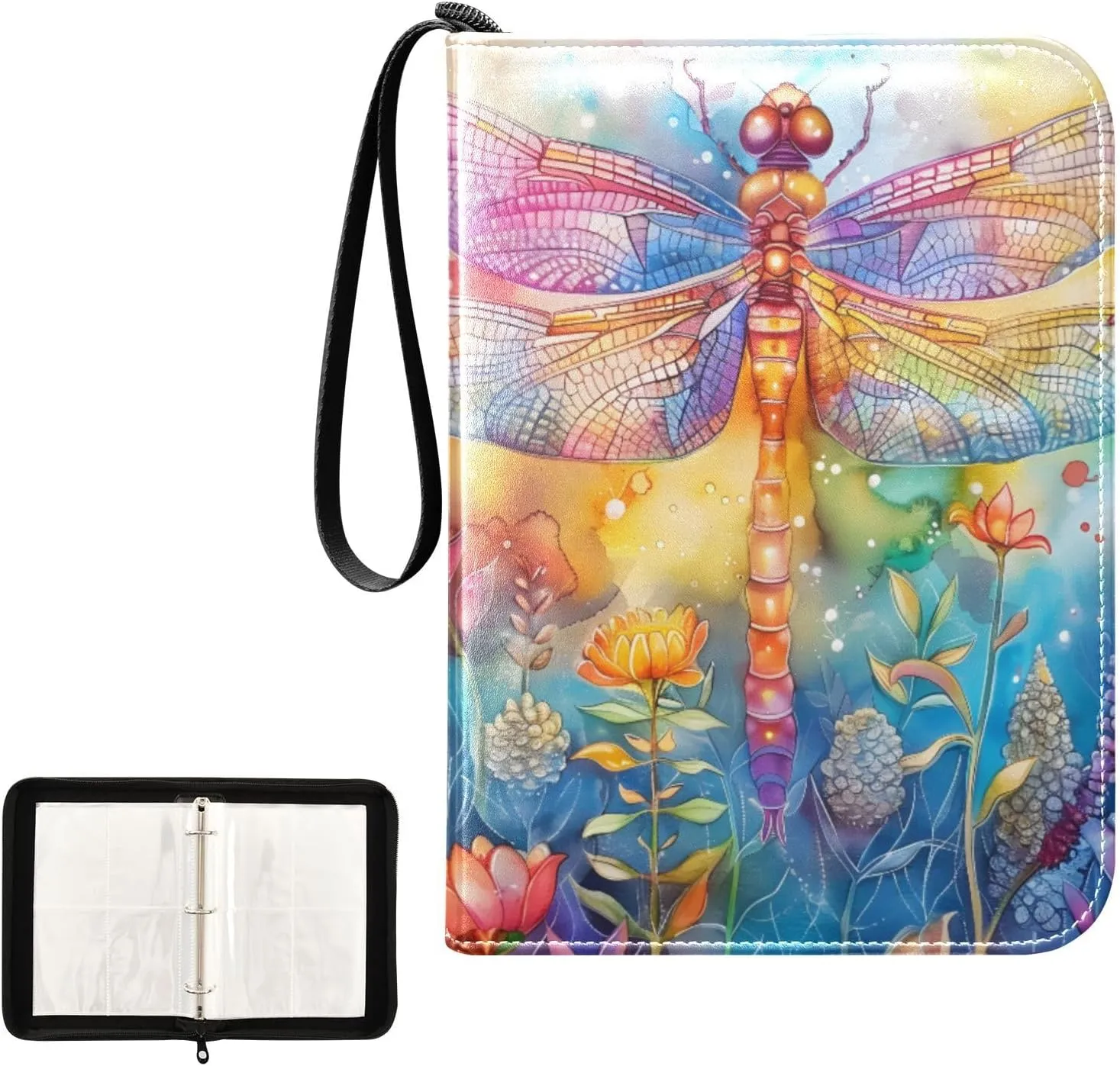 4 Pockets Trading Card Album Holder Book Folder Sports Card Binder Dragonfly Flower 400 Double Side Pockets for 3 Ring Binder Zipper