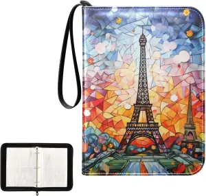 4 Pockets Trading Card Album Holder Book Folder Sports Card Binder Eiffel Tower 400 Double Side Pockets for 3 Ring Binder Zipper