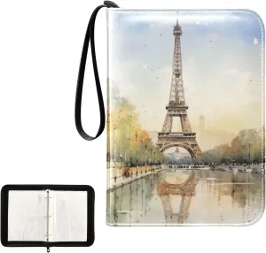 4 Pockets Trading Card Album Holder Book Folder Sports Card Binder Eiffel Tower Vintage 400 Double Side Pockets for 3 Ring Binder Zipper