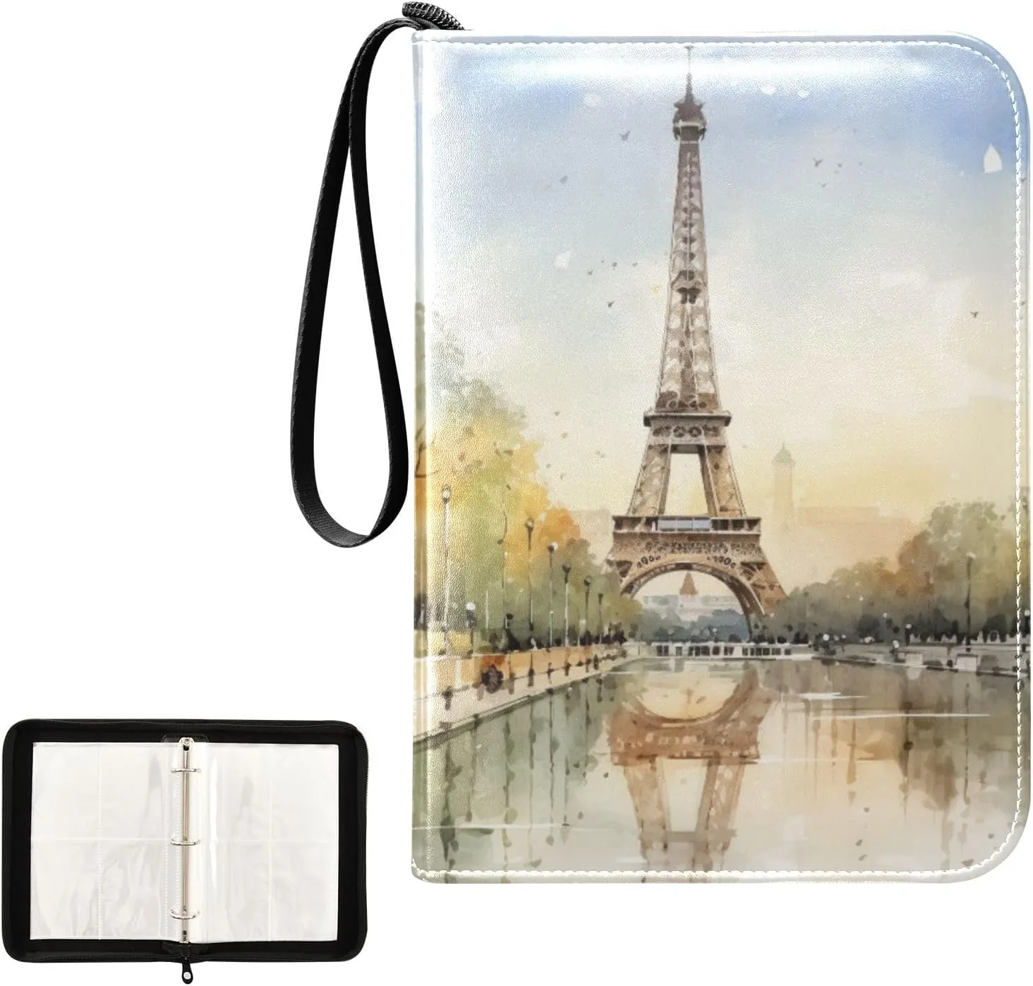 4 Pockets Trading Card Album Holder Book Folder Sports Card Binder Eiffel Tower Vintage 400 Double Side Pockets for 3 Ring Binder Zipper