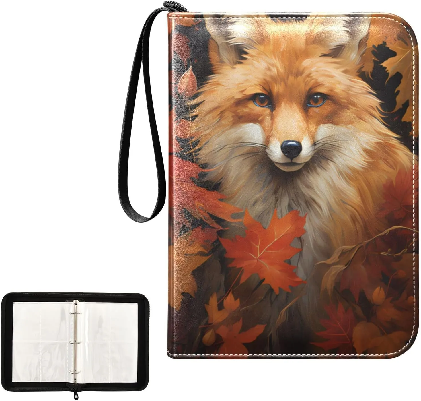 4 Pockets Trading Card Album Holder Book Folder Sports Card Binder Fox Fall Leaf 400 Double Side Pockets for 3 Ring Binder Zipper