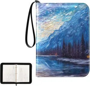 4 Pockets Trading Card Album Holder Book Folder Sports Card Binder Galaxy Lake Painting 18 400 Double Side Pockets for 3 Ring Binder Zipper